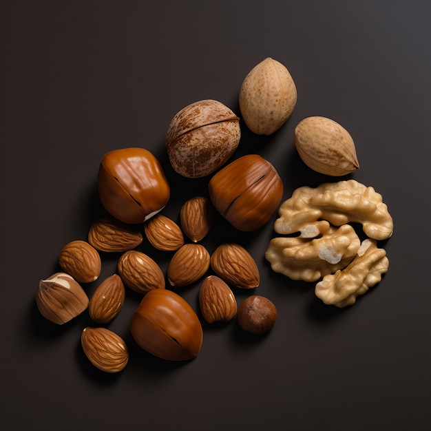 Set of nuts displayed against a luxurious dark background Generative ai