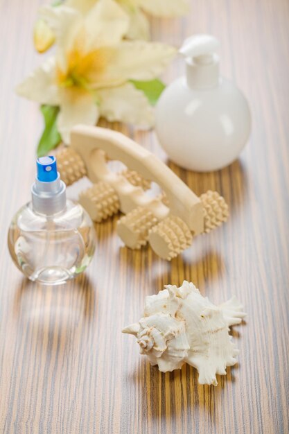 Set of objects for care on wooden background