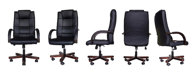 Set of Office chair or desk chair isolated on white background in various points of view Armchair or stool in front back side angles Furniture for Interior design black office chair