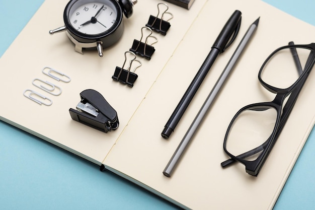 Set of office items lie on the table minimalistic set for work and study