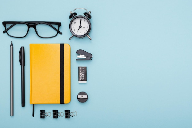 Set of office items lie on the table minimalistic set for work and study