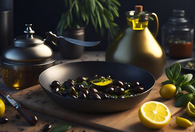 Photo a set of olives green and black on a dark background