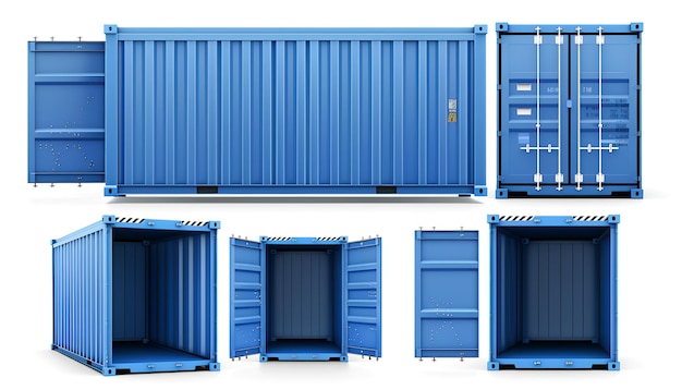 Photo set of open and closed blue metal cargo containers shown from front and side views