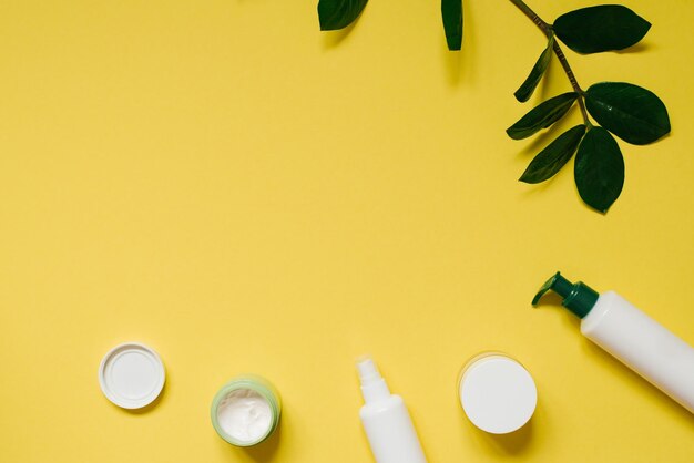 Set of organic SPA cosmetics with green leaves Top view of bottles made of white recyclable plastic