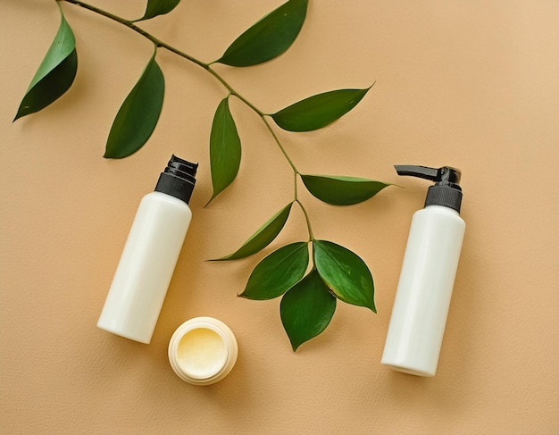 Set of Organic SPA Cosmetics with Green Leaves Top View