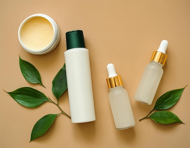 Set of Organic SPA Cosmetics with Green Leaves Top View