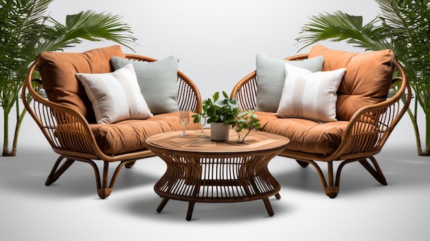 Set of outdoor garden rattan straw couches and armchairs cutouts featuring doubleseat sofas