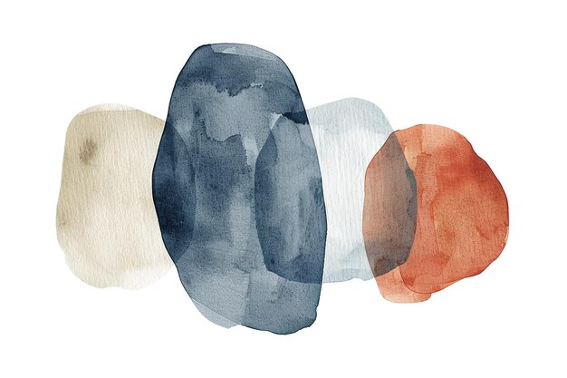 Photo a set of overlapping watercolor blobs in earthy tones of beige navy blue light blue and burnt orange isolated on white background cut out blotches strokes abstract shapes generative ai