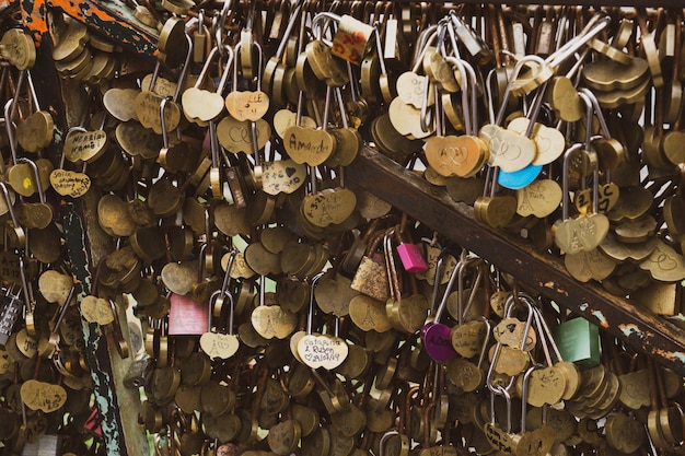 SET OF PADLOCKS OF LOVERS ON A BRIDGE IN PARIS