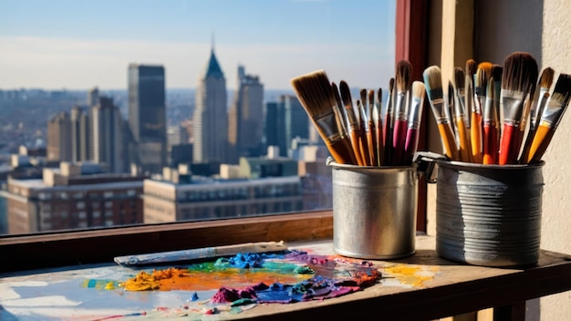 A set of paintbrushes and a palette on a wooden table by a window with a city skyline view