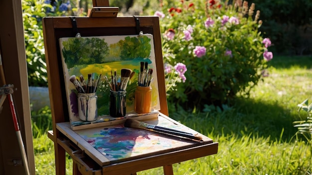 A set of paints and brushes on an easel in a sun dappled garden perfect for creative expression