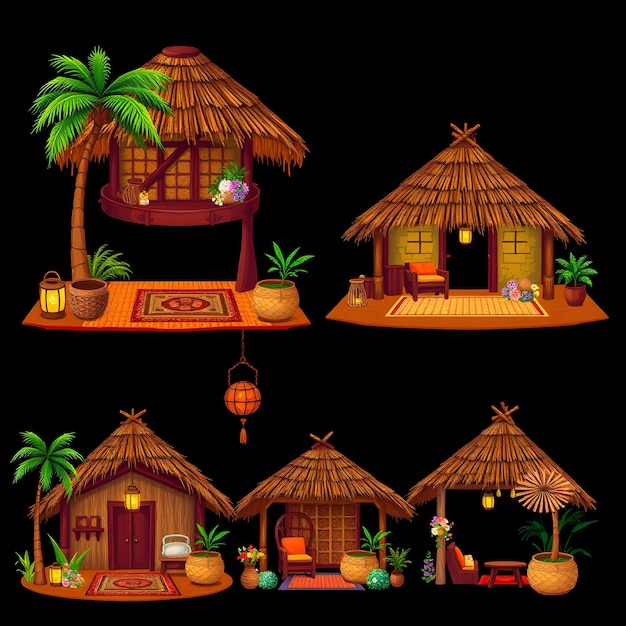 Set Palm Thatched Huts With Woven Mats and Coconut Shell Lanterns Handcrafted Wicker Baskets and F