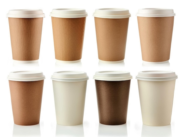 A set of paper coffee cups on a white background