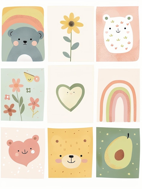 Photo a set of pastel colored square icons with cute illustrations pencil drawings