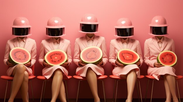 Set of people with juicy watermelons instead of their heads on pink background