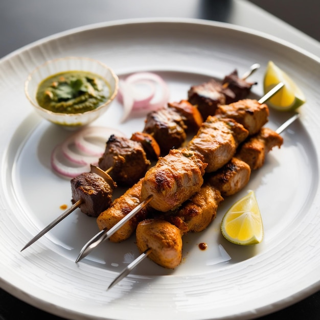 Photo set of perfectly grilled paneer tikka skewers arranged neatly on a white plate aigenerated