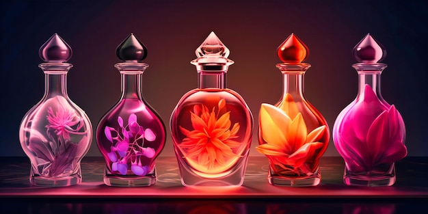 A set of perfume bottles containing some beautiful flowers