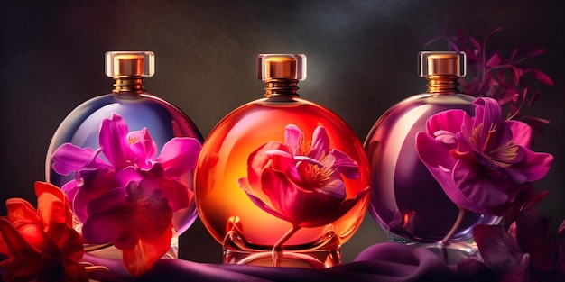 A set of perfume bottles containing some beautiful flowers