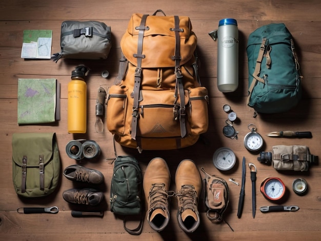 Photo a set of photographs climbing gear including ropes carabiners helmet arranged on rocky terrain