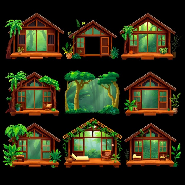 a set of pictures of a house with a house with a tree on the top