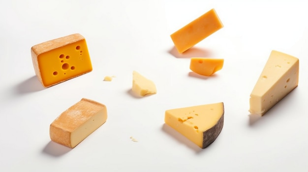 Set of pieces of cheese flying in the air