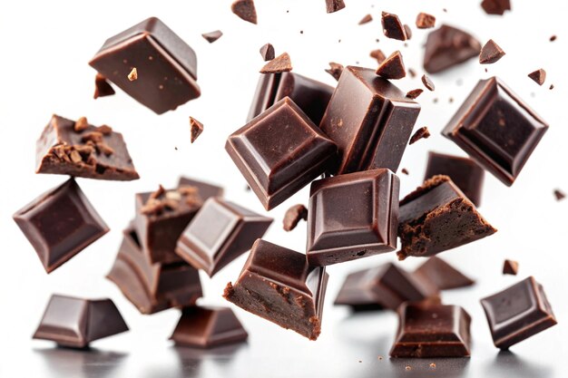 Photo set of pieces of dark chocolate falling close up on a white background