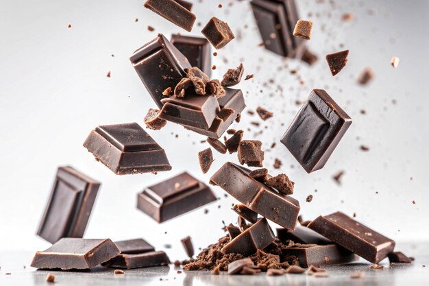 Photo set of pieces of dark chocolate falling close up on a white background