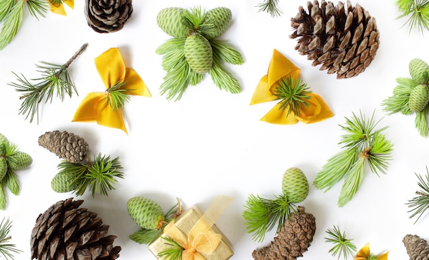 Set of pine cones and christmas decoration isolated on a white background christmas compositionflat lay top view