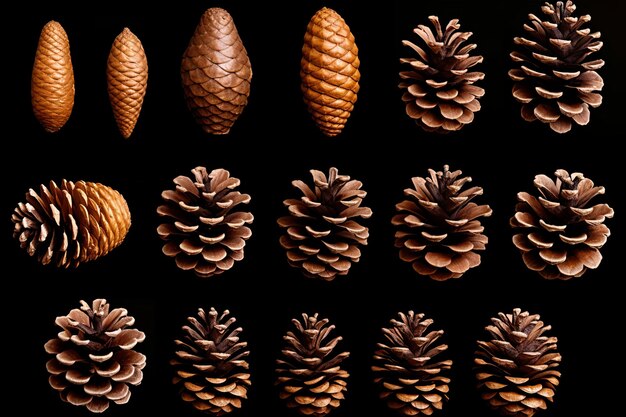 Photo set of pine cones isolated on black background pinecone collection