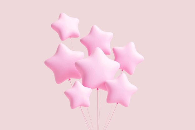 A set of pink balloons in the form of stars floating on a pink pastel background 3D render