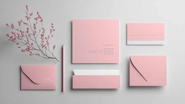 A set of pink stationery on a white background including an envelope a card a pencil and a sprig of flowers