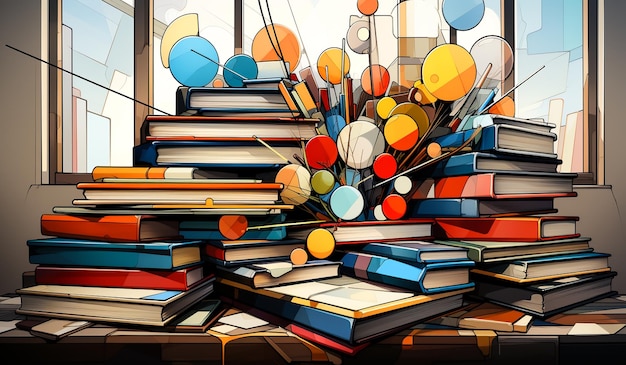 Set of planets and books in an education environment and back to school concept AI generated