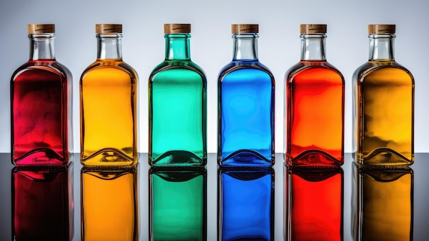 Set of Plastic Bottles with colored transparent drinks created with Generative AI technology