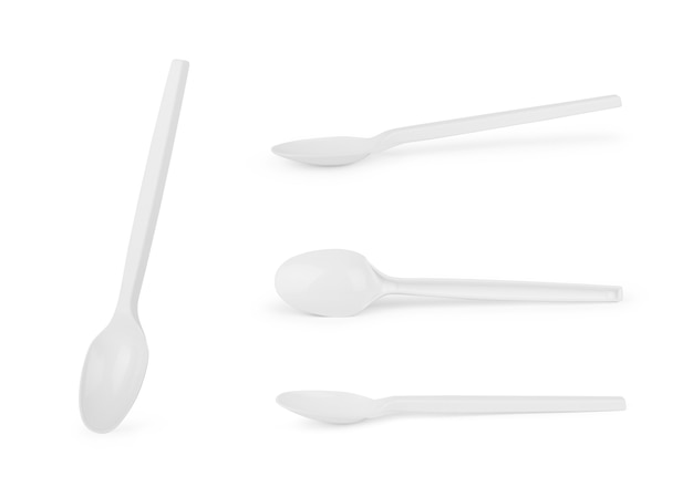 Set of plastic disposable spoon on a white background