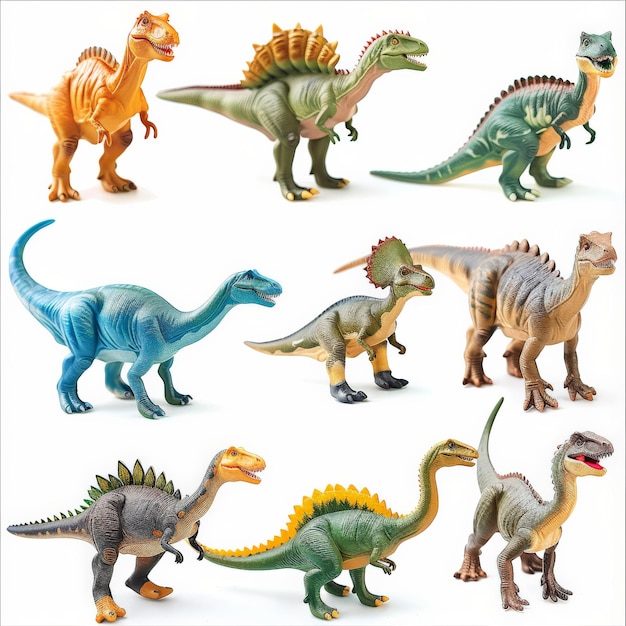 A set of plastic toy dinosaurs in various poses isolated on white background