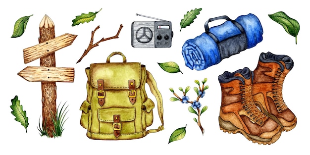 Set pointer backpack boots camping watercolor