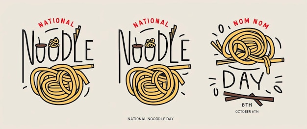 Photo set of posters with noodle and sale national noodle day world food day template design in doodle style flat vector illustration in naive childish art