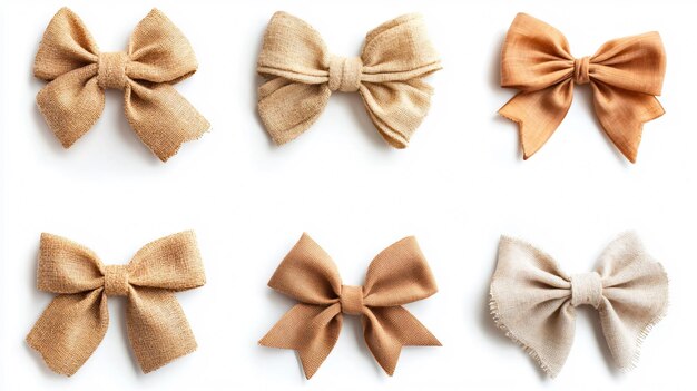 Photo set of pretty burlap bows on white background