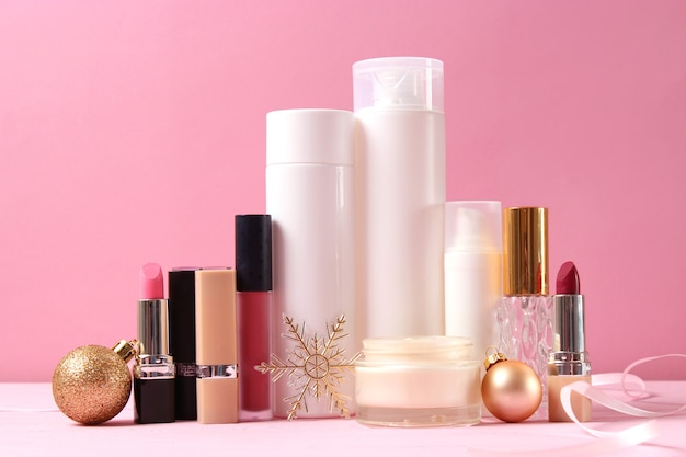 Set of professional decorative cosmetics and christmas accessories