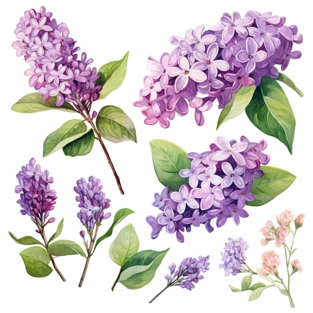 A set of purple lilac flowers on a white background.