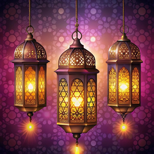 Photo set of ramadan lanterns glowing with intricate patterns