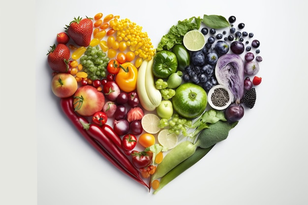 Set of raw healthy vegetables and fruits studio isolated in the shape of a heart Ai generated