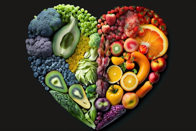 Set of raw healthy vegetables and fruits studio isolated in the shape of a heart Ai generated