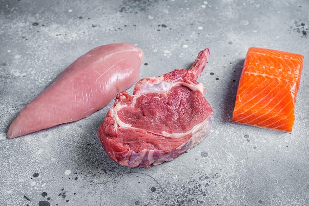 Set of raw meat steaks salmon beef veal and turkey on a kitchen table Gray background Top view