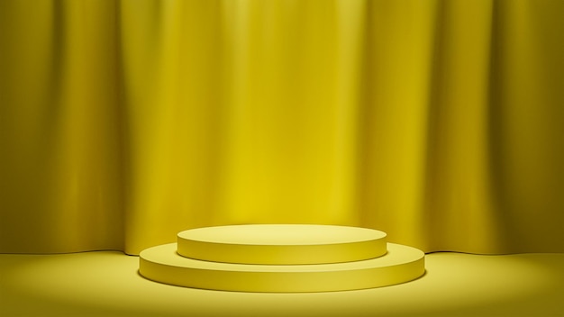 Set of realistic 3d yellow cylinder pedestal podium with curtain background for product display