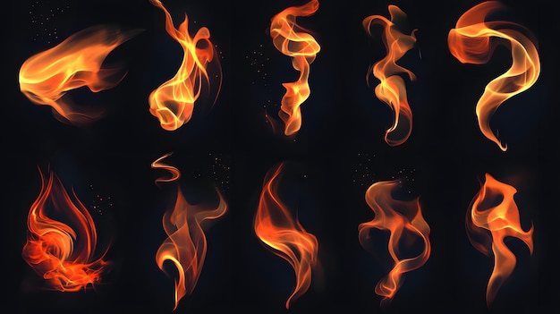 Photo set of realistic fire flames on black background