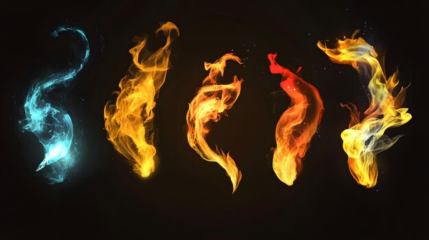 Photo set of realistic fire flames on black background