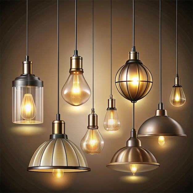 Photo set of realistic glowing hanging lamps for home and office lighting