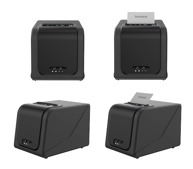 Photo set of receipt printer or thermal printer isolated on white