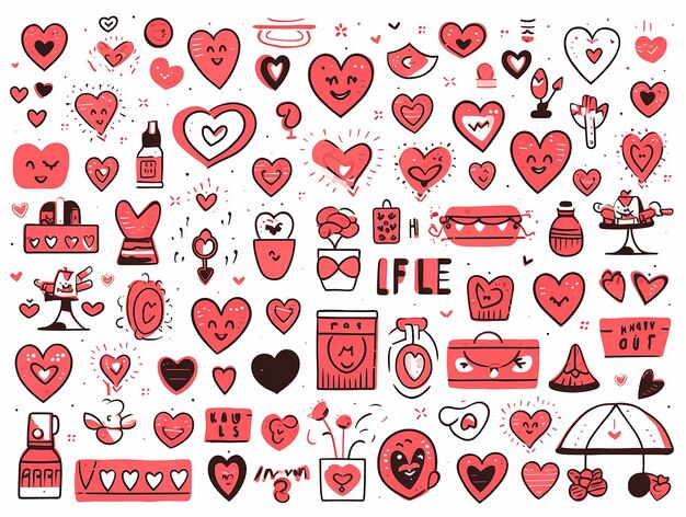 Photo set of red groovy love doodle seamless pattern for valentines day vector illustration